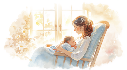 Ilustração em aquarela de mãe com bebê no colo